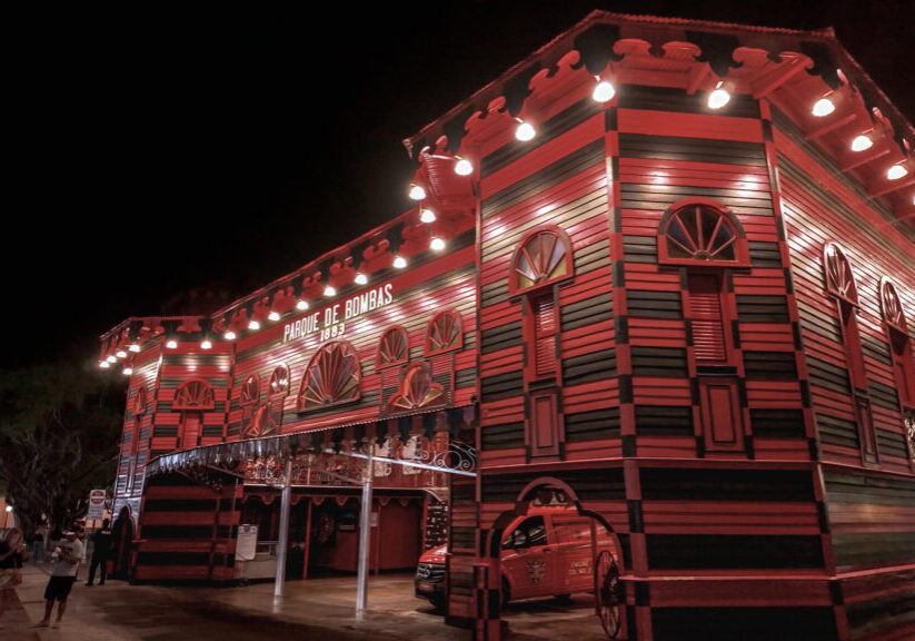 Parque de Bombas in Ponce Puerto Rico at night in Plaza Las Delicias
