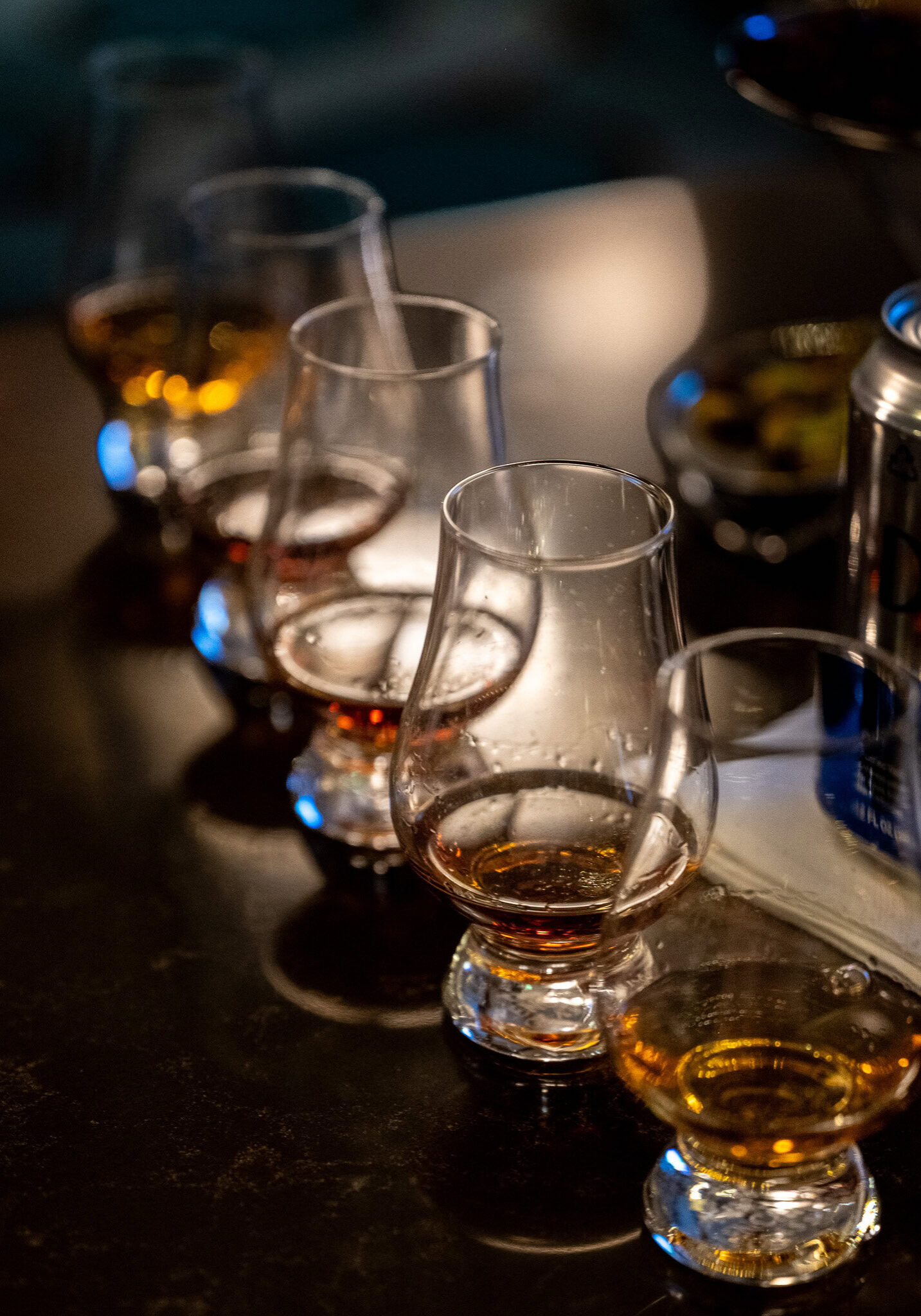 Puerto Rican rum tasting glasses lined up during a guided rum experience near San Juan