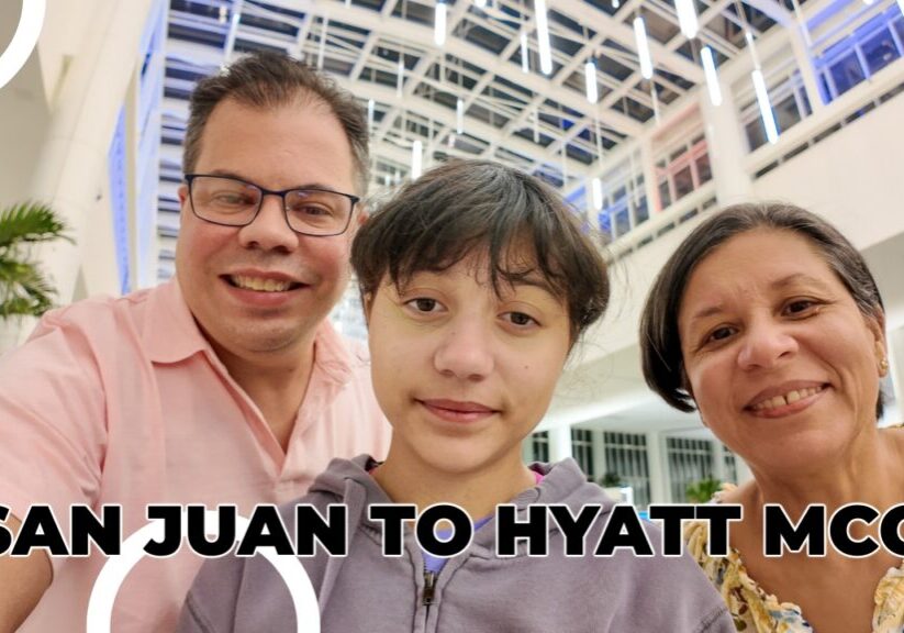 Raúl, Daniela, and Lucy smiling at Hyatt Regency MCO after arriving from San Juan to start their Disney vacation