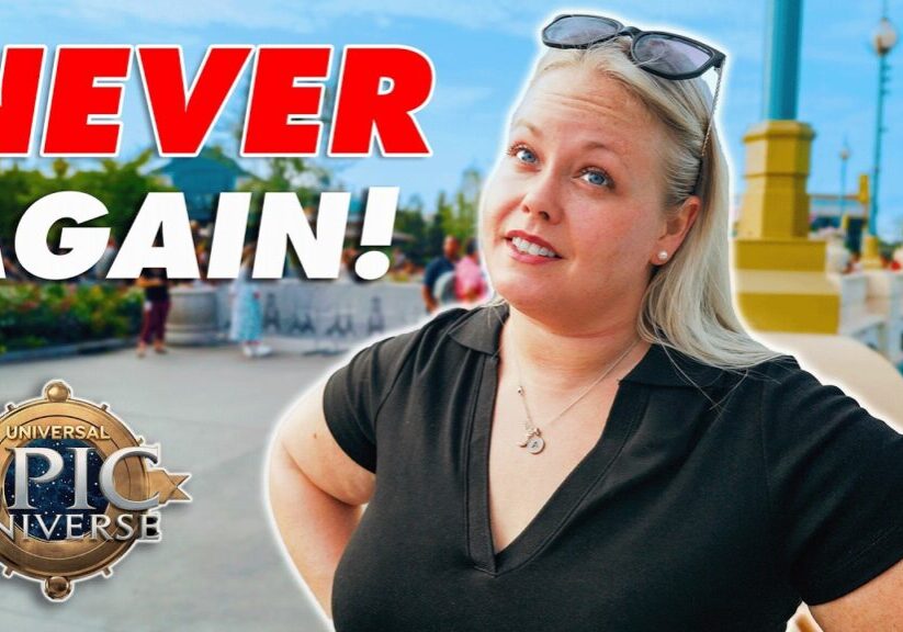 Laura from Travel Spree reacting with amusement in front of Epic Universe theme park