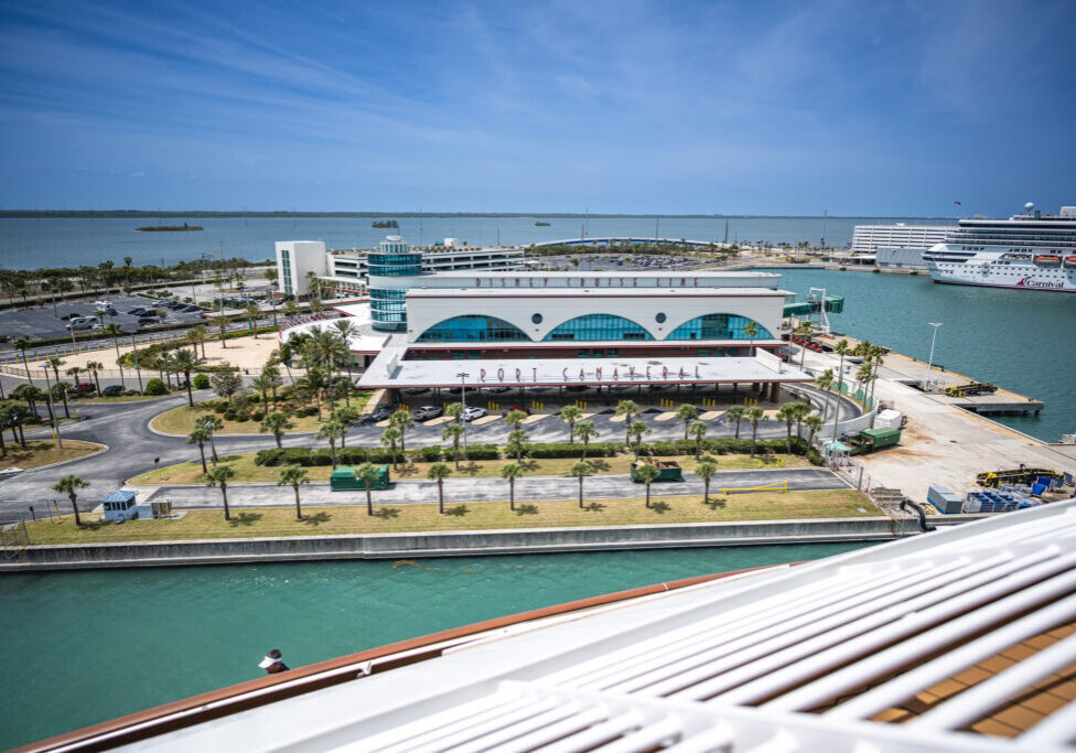 View from Disney Wish of the Disney Cruise Line terminal at Port Canaveral, Florida